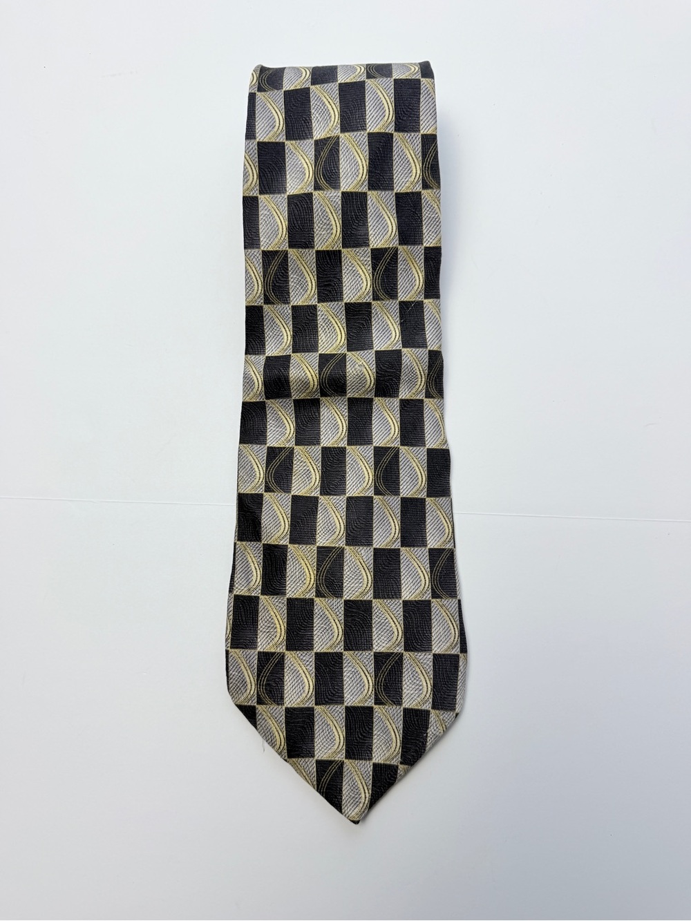 Pierre Cardin Men’s Silk Necktie Gray Black Gold Geometric Check Wide Designer